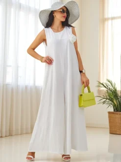 Artemisia Eleganza – biały damski kombinezon maxi z wiskozy na ramiączkach