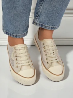 Aurelia Beige - damskie tenisówki tkaninowe na płaskiej podeszwie 3 cm