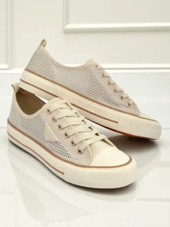 Aurelia Beige - damskie tenisówki tkaninowe na płaskiej podeszwie 3 cm