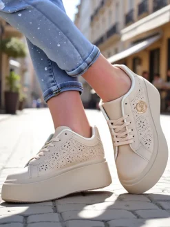 Aurelia Beżowe Sneakersy Platforma Royalfashion Skóra Eko