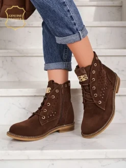 Aurelia Brązowe Botki Zamszowe z Futerkiem Ażurowe Eleganckie 2,5cm