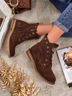 Aurelia Brązowe Botki Zamszowe z Futerkiem Ażurowe Eleganckie 2,5cm