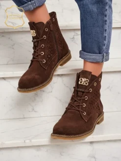 Aurelia Brązowe Botki Zamszowe z Futerkiem Ażurowe Eleganckie 2,5cm