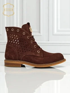 Aurelia Brązowe Botki Zamszowe z Futerkiem Ażurowe Eleganckie 2,5cm