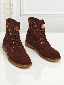 Aurelia Brązowe Botki Zamszowe z Futerkiem Ażurowe Eleganckie 2,5cm