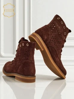 Aurelia Brązowe Botki Zamszowe z Futerkiem Ażurowe Eleganckie 2,5cm