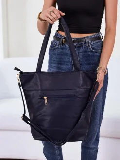 Aurelia Granatowa Torebka Shopper A4 ze skóry ekologicznej, Duża z paskiem