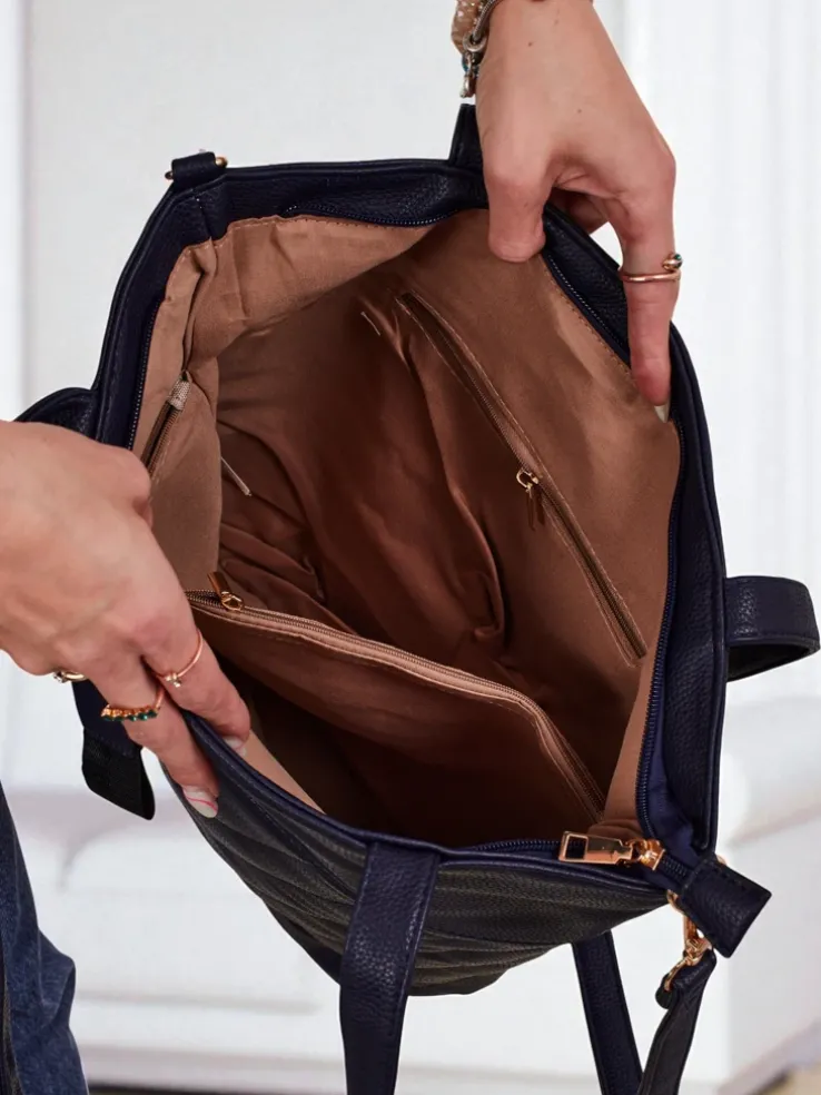 Aurelia Granatowa Torebka Shopper A4 ze skóry ekologicznej, Duża z paskiem