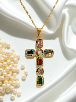 Aurelia Lux Kolorowy Krzyż Złoty Naszyjnik Glamour z Kamieniami