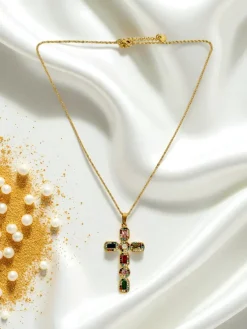 Aurelia Lux Kolorowy Krzyż Złoty Naszyjnik Glamour z Kamieniami