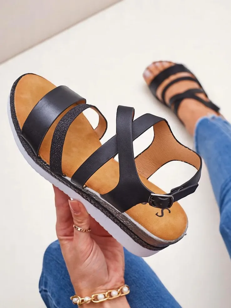 Aurelia Nero – Czarne sandały damskie na koturnie Royalfashion skóra eco