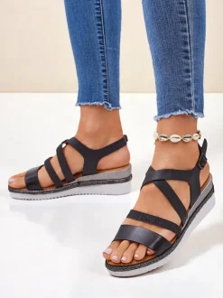 Aurelia Nero – Czarne sandały damskie na koturnie Royalfashion skóra eco