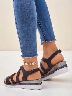 Aurelia Nero – Czarne sandały damskie na koturnie Royalfashion skóra eco