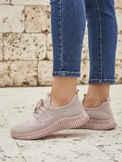 Aurelia Rosa – damskie buty sportowe Royalfashion z tkaniny, różowe, płaski obcas