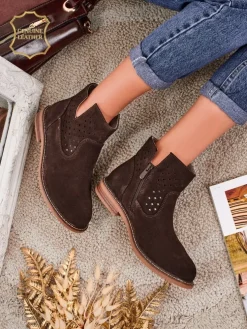 Aurelia Verona - Brązowe botki zamszowe damskie z naturalnej skóry, 3 cm obcas