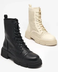 Ażurowe beżowe damskie botki na płaskim obcasie Rolika - Obuwie