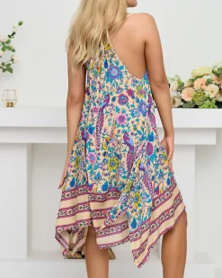 Beżowa damska wzorzysta narzutka typu sukienka - Odzież