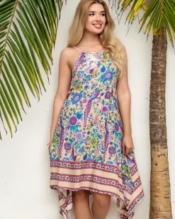 Beżowa damska wzorzysta narzutka typu sukienka - Odzież