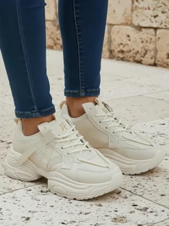 Beżowe sneakersy damskie Platina Roma na płaskim obcasie skóra eko 5 cm