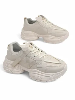 Beżowe sneakersy damskie Platina Roma na płaskim obcasie skóra eko 5 cm