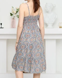 Beżowo- niebieska damska letnia sukienka z printem- Odzież