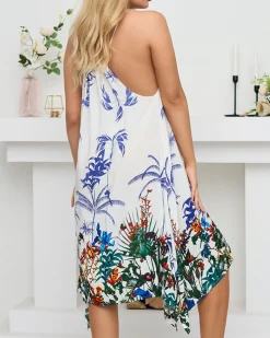 Biała damska letnia sukienka z motywem roślinnym- Odzież