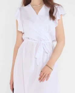 Biała damska sukienka mini z wiązaniem - Odzież