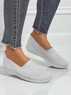 Białe damskie baleriny Ariadne z tkaniny oddychającej na płaskiej podeszwie