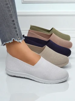 Białe damskie baleriny Ariadne z tkaniny oddychającej na płaskiej podeszwie