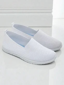 Białe damskie baleriny Ariadne z tkaniny oddychającej na płaskiej podeszwie