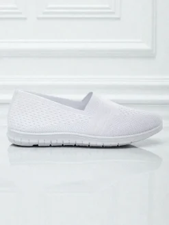 Białe damskie baleriny Ariadne z tkaniny oddychającej na płaskiej podeszwie