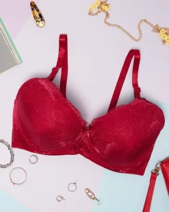 Biustonosz bordowy z ozdobną koronką- Bielizna