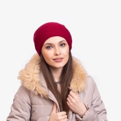 Bordowa ciepła damska dwuwarstwowa czapka - Akcesoria