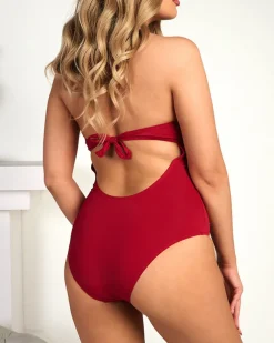 Bordowy damski kostium jednoczęściowy z ozdobnym wzorem - Bielizna