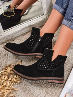 Botki Aurelia Nero zamszowe ażurowe botki damskie płaski obcas 3cm