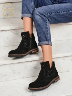 Botki Aurelia Nero zamszowe ażurowe botki damskie płaski obcas 3cm