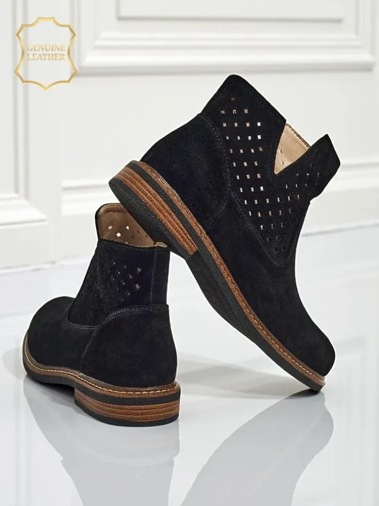 Botki Aurelia Nero zamszowe ażurowe botki damskie płaski obcas 3cm