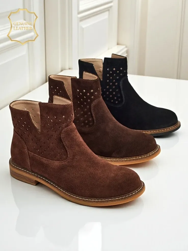 Botki Aurelia Nero zamszowe ażurowe botki damskie płaski obcas 3cm