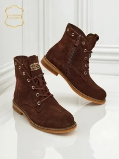 Botki damskie Aurelia Romano z naturalnego zamszu – brązowe, z futerkiem