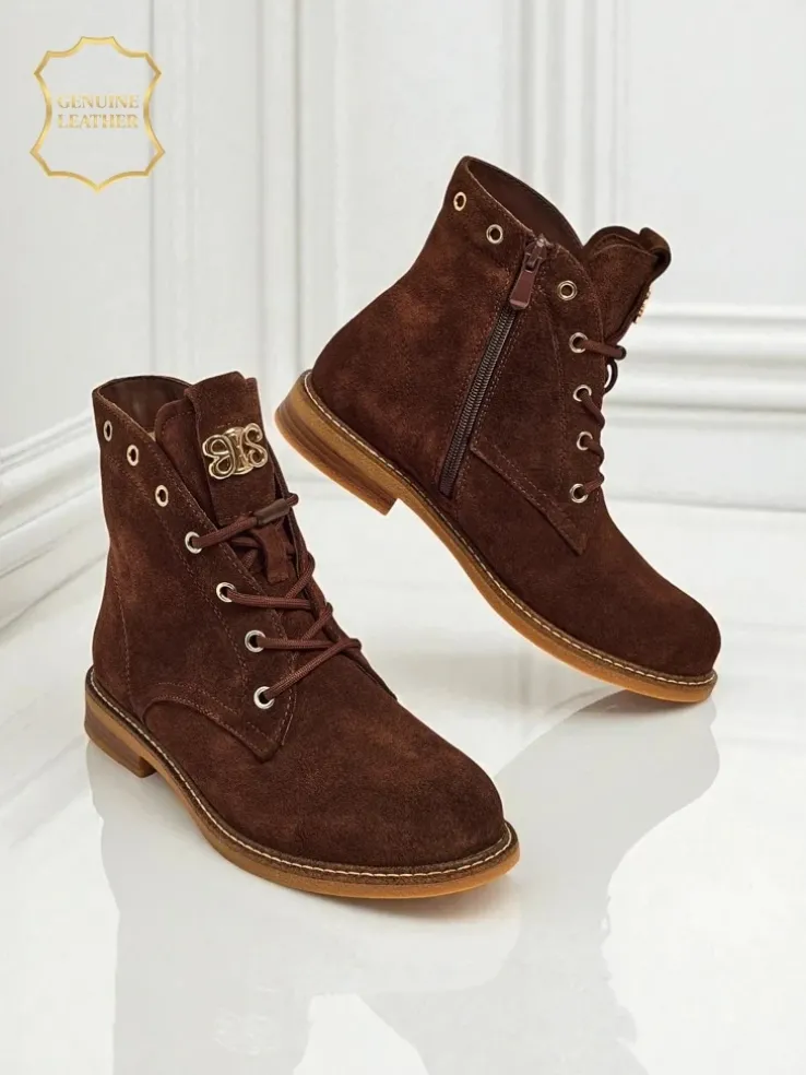 Botki damskie Aurelia Romano z naturalnego zamszu – brązowe, z futerkiem