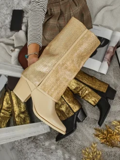 Botki damskie eko skórzane na słupku z ozdobną cholewką Virelia