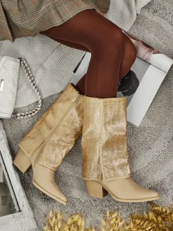 Botki damskie eko skórzane na słupku z ozdobną cholewką Virelia