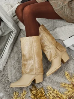 Botki damskie eko skórzane na słupku z ozdobną cholewką Virelia