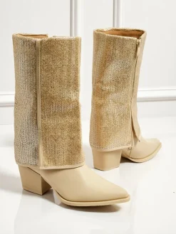 Botki damskie eko skórzane na słupku z ozdobną cholewką Virelia