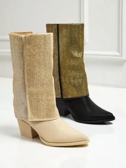 Botki damskie eko skórzane na słupku z ozdobną cholewką Virelia