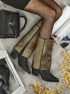 Botki damskie eko skórzane na słupku z ozdobną cholewką Virelia