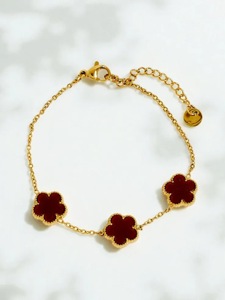 Bransoletka Aurelia Bianca z kwiatami w odcieniu bordowej perły, złocona