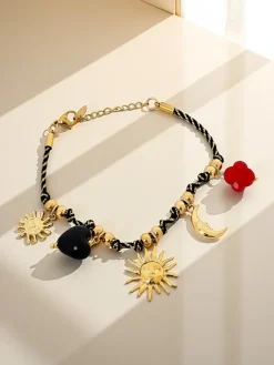 Bransoletka Solare Apollonia – złote zawieszki Słońce, Księżyc i serce