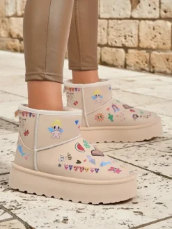 Buty Ocieplane Callisto Angelico z Rysunkami Dziecięcymi na Platformie Beige
