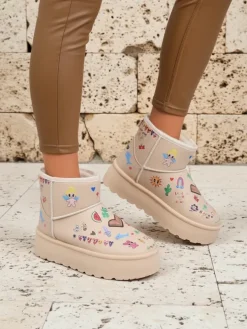 Buty Ocieplane Callisto Angelico z Rysunkami Dziecięcymi na Platformie Beige